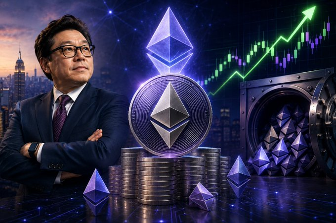A confident professional in a suit stands beside stacked coins and a large Ethereum coin, with a vault overflowing with ETH and an upward-trending chart in the background, visually representing the substantial staking revenue mentioned in the post of $247–300 million annually from BitMine's 4.92 million staked ETH ($ETH).