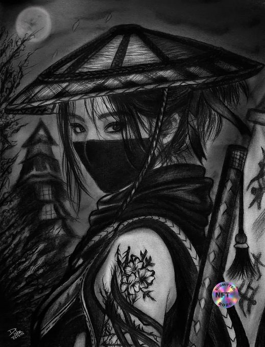 A black and white pencil artwork of a masked ninja-like female character wearing a traditional straw hat, with detailed shading and a 'NFT' watermark in the corner.