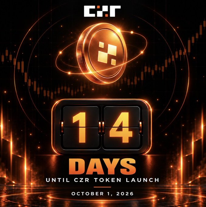 A promotional countdown graphic for a 'CZR TOKEN LAUNCH' on October 1, 2026, showing '14 DAYS' on a flip counter beneath a glowing golden coin with the CZR logo, set against a dark orange trading chart background.