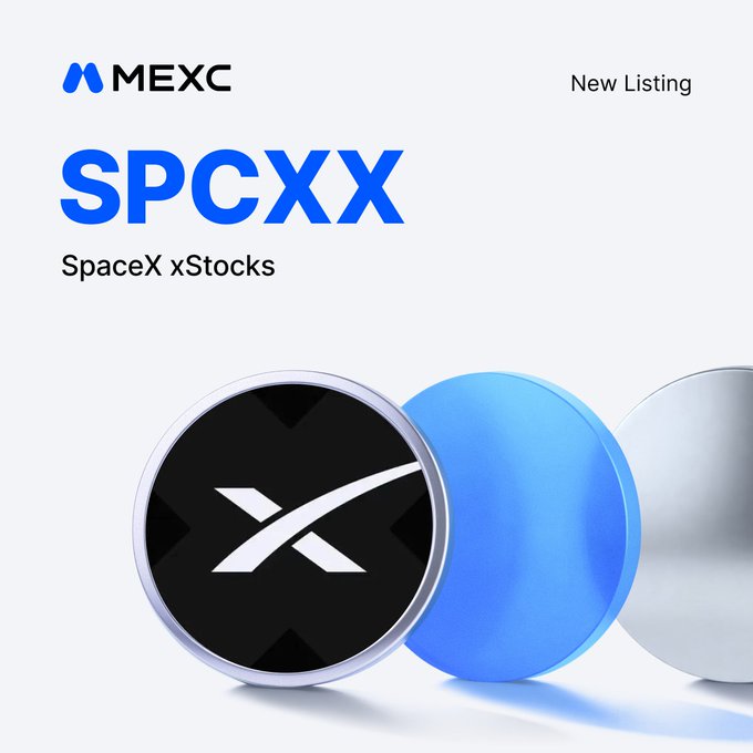 A MEXC "New Listing" announcement graphic for $SPCXX (SpaceX xStocks), featuring the MEXC logo at the top left and three stylized 3D coins—one black with the xStocks "X" logo, a blue one, and a silver one—displayed prominently below.