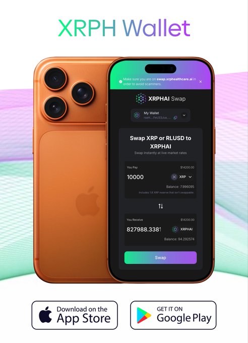 The image features a smartphone displaying an app called "XRPH Wallet" that allows users to easily swap Bitcoin or Ripple currency for fiat money, such as US dollars. The phone is shown with its back facing us, revealing the wallet application on its screen. The background of the image has a gradient color scheme and includes text about the XRP cryptocurrency and how it can be used in conjunction with other cryptocurrencies like Bitcoin.