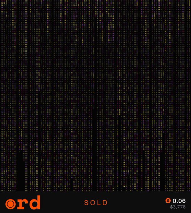 A dense matrix of colorful letters and symbols (DNA/RNA-style nucleotide characters) on a black background, shown as a sold NFT on 'ord' for 0.06 BTC ($3,778).