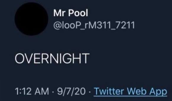 A tweet from user "Mr Pool" (@looP_rM311_7211) posted at 1:12 AM on 9/7/20 via Twitter Web App simply reads "OVERNIGHT," serving as a teaser post that may precede or relate to a follow-up update about XRP dated 7/27.