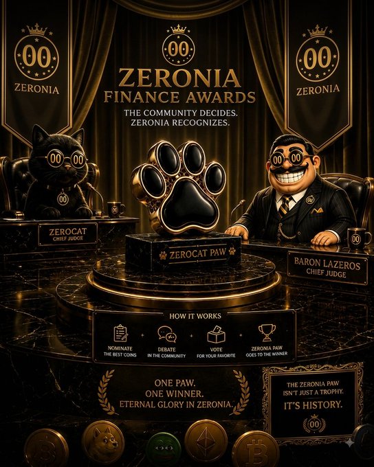 A promotional poster for the "Zeronia Finance Awards" featuring a stylized cat and a mustachioed judge figure, displaying text like "THE COMMUNITY DECIDES. ZERONIA RECOGNISES." and "ONE PAW. ONE WINNER."