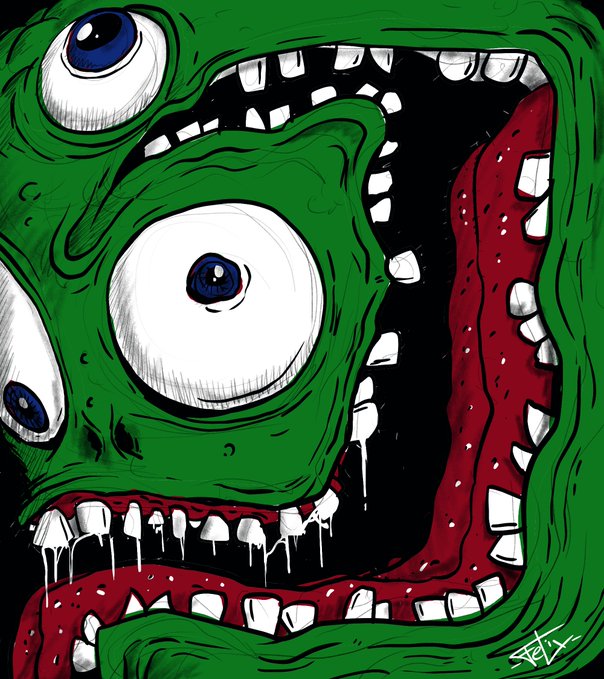 A vibrant, stylized digital drawing of a grotesque, multi-eyed green monster with a gaping, drooling mouth and rows of teeth.