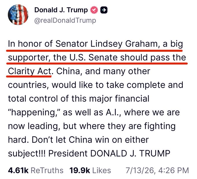 A Truth Social post by Donald J. Trump (@realDonaldTrump) dated 7/13/26 urging the U.S. Senate to pass the Clarity Act in honor of Senator Lindsey Graham, citing concerns about China taking control of crypto and AI. The underlined key terms—"Senator Lindsey Graham," "the U.S. Senate," and "Clarity Act"—align directly with the accompanying caption's headline.