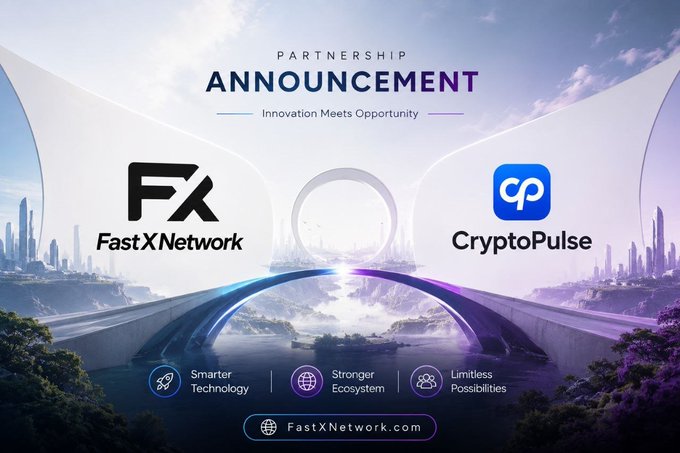 A partnership announcement graphic for 'FastX Network' and 'CryptoPulse' featuring futuristic architecture, with the tagline 'Innovation Meets Opportunity' and benefits listed as 'Smarter Technology,' 'Stronger Ecosystem,' and 'Limitless Possibilities.'