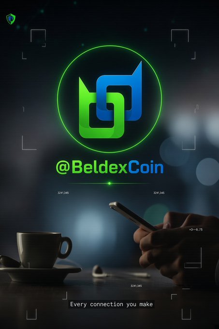 A promotional image for '@BeldexCoin' featuring a green and blue logo in a targeting reticle, with a person holding a phone and a coffee cup in the foreground and the tagline 'Every connection you make.'