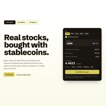 Landing page for a trading platform with the headline 'Real stocks, bought with stablecoins,' showing a phone interface for trading USDC.