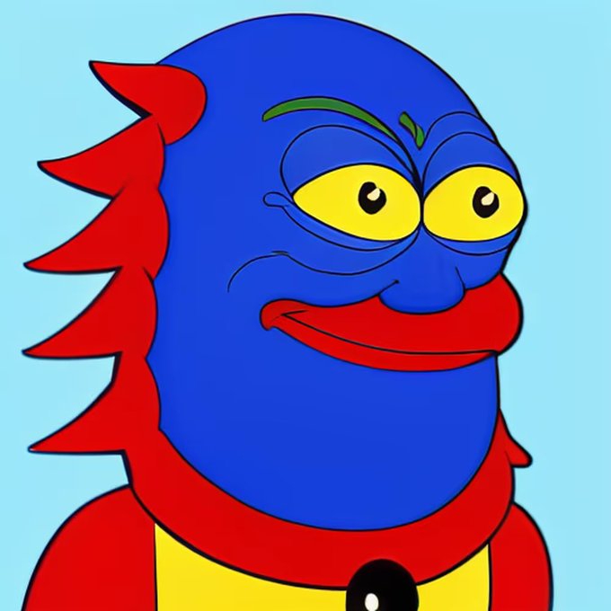 A cartoon-style blue monkey-like creature with red spiky fur on its head, wearing a red and yellow outfit against a light blue background.