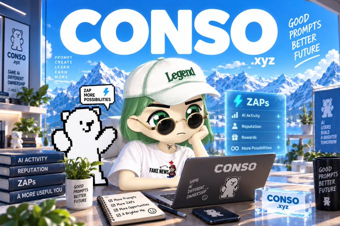 A promotional graphic for CONSO.xyz featuring a cartoon character with green hair and a 'Legend' cap working on a laptop, with text highlighting 'Good Prompts Better Future' and features like AI Activity, Reputation, Zaps, and Rewards.