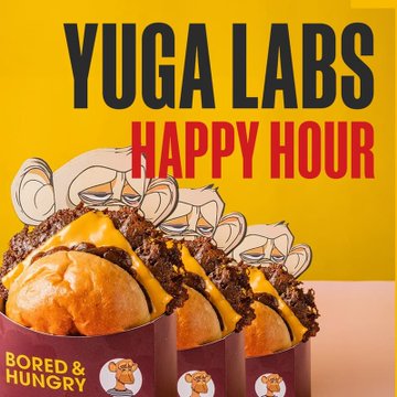 Bright yellow promotional graphic for 'YUGA LABS HAPPY HOUR' by Bored & Hungry, featuring ice cream cups topped with chocolate and Bored Ape-themed decorations.