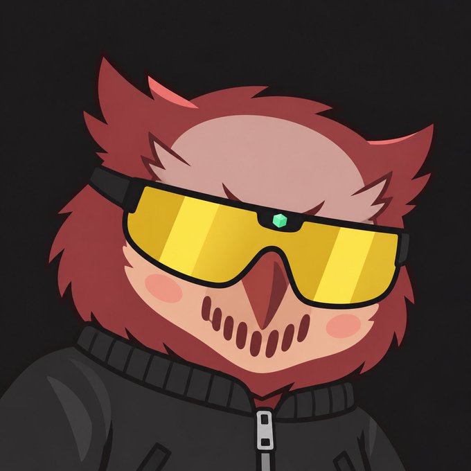 A cartoon illustration of an owl-like character with reddish-brown feathers, large pink-rimmed eyes, wearing yellow-tinted sunglasses and a black jacket against a dark background.