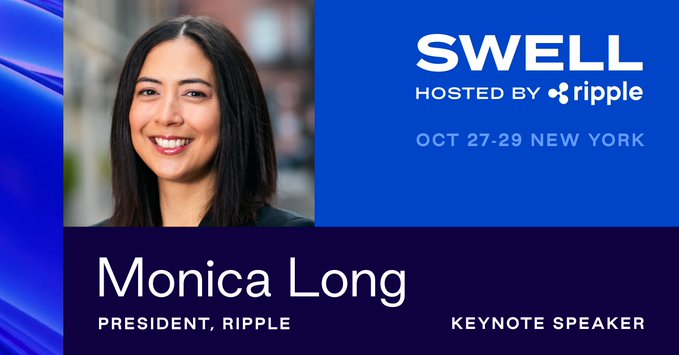 The image features a woman with long hair smiling at the camera while wearing a black dress. The background of the image has a blue color scheme, which complements the woman's attire. The text "Monica Long" is written on the image in white letters, and it appears to be part of a larger post or banner that includes information about an event called "Swell hosted by Ripple". The event is scheduled for October 27-29 New York, and it will feature multiple tracks such as institutional, ecosystem, and innovation. The overall atmosphere seems to be one of excitement and anticipation for the upcoming event.