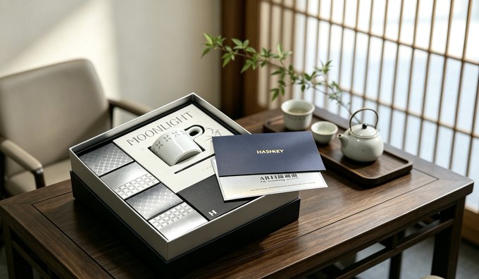 A luxury "MOONLIGHT" gift box containing a white teacup and patterned items sits on a wooden table next to a "HASKEY" card, alongside a teapot and bonsai plant in an East Asian-styled room.