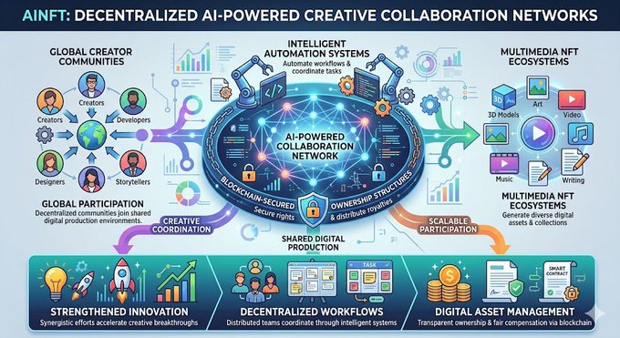 The main focus of this image is a graphic representation of a centralized collaborative network, which has been designed using a blockchain technology. The visual elements show various people working together in different roles within the system, highlighting the collaborative aspect of the network. The caption below the graphic provides context by stating that the collaboration is powered by AI and distributed networks, emphasizing its decentralization compared to traditional centralized systems.