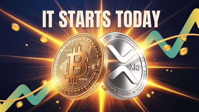 The image features the bold text "IT STARTS TODAY" above prominently displayed gold Bitcoin (₿) and silver XRP coins set against a dynamic backdrop of rising green and gold line charts, visually conveying the post's message of an imminent crypto surge. The combination of the two major cryptocurrencies and upward-trending graphics reinforces the optimistic claim that Bitcoin and other digital assets are poised for significant upward movement.