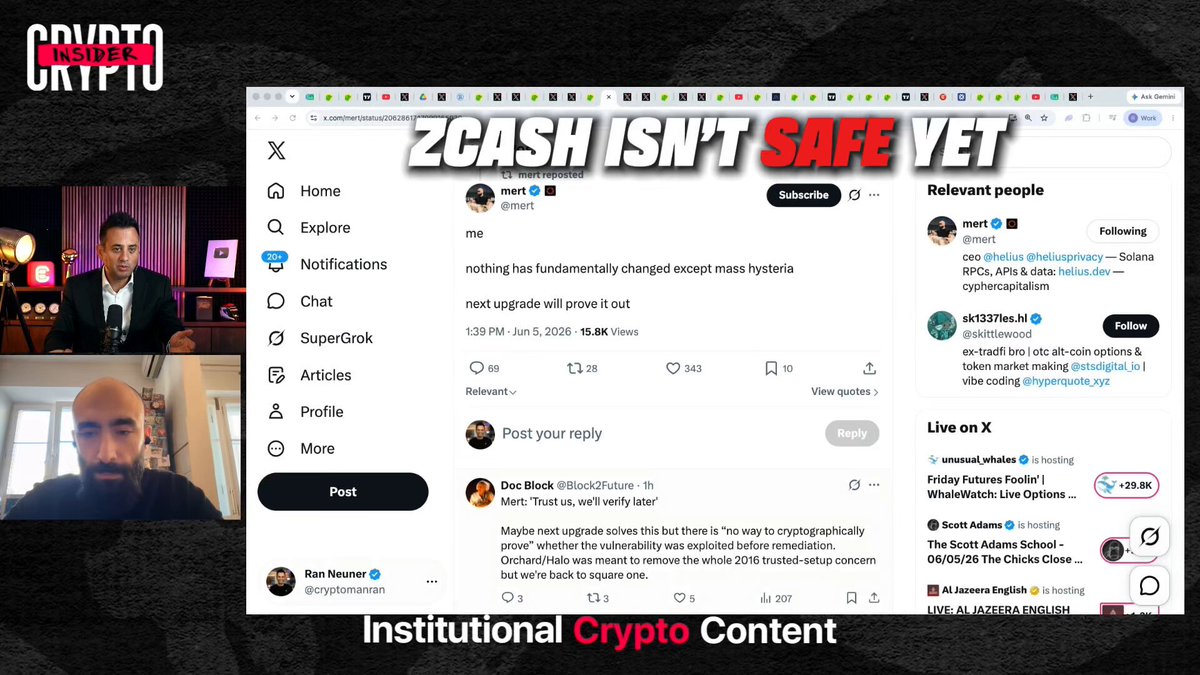 The image shows a computer screen displaying a message about Bitcoin, specifically about the cryptocurrency ZEC (Zcash). The message reads "ZEC isn't out of the woods. @mert tells @cryptomanran the new pool will try to prove clean or hacked... but partial migration leaves real risk behind. Risk only drops as shielded coins move." This message is related to a post on the Cryptocompare website, which discusses Bitcoin and its potential risks in depth.

The image also includes two people's faces, one of whom appears to be a man wearing glasses. The other person seems to be a man with a beard. They are both looking at the computer screen displaying the message about ZEC.
