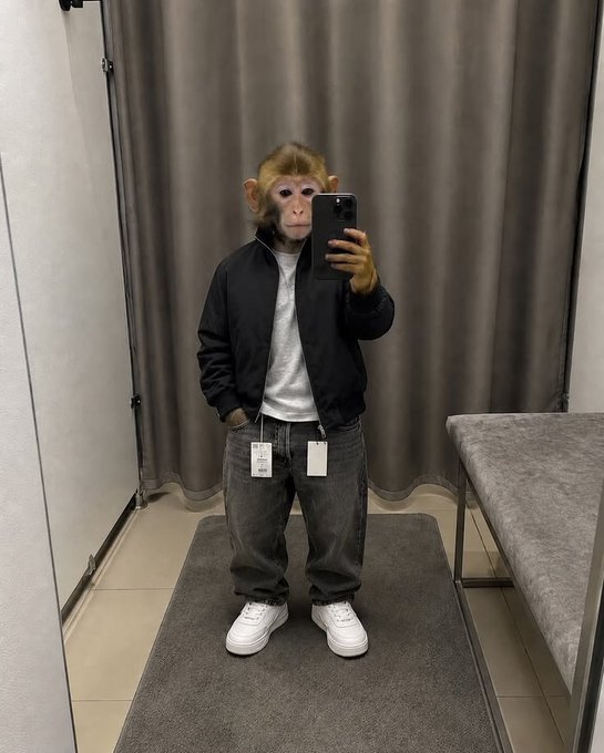 A mirror selfie taken in a fitting room by a monkey wearing a black bomber jacket, gray t-shirt, baggy jeans, and white sneakers, with clothing tags still attached to the jeans.