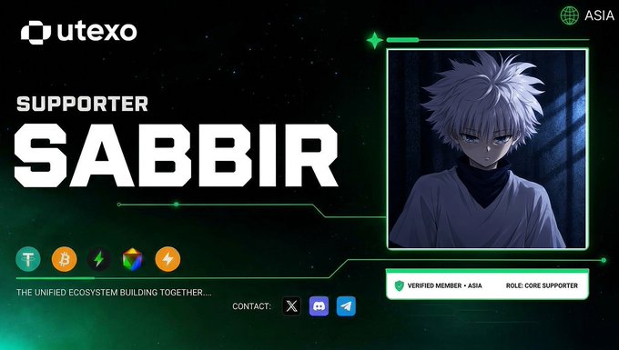 A promotional graphic for 'utexo' featuring 'SUPPORTER SABBIR' with an anime character avatar, labeled 'VERIFIED MEMBER - ASIA' and 'CORE SUPPORTER' with the tagline 'THE UNIFIED ECOSYSTEM BUILDING TOGETHER...'.