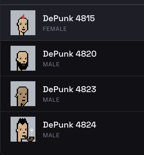 A list of four usernames with pixel art avatars: DePunk 4815 (FEMALE), DePunk 4820 (MALE), DePunk 4823 (MALE), and DePunk 4824 (MALE).