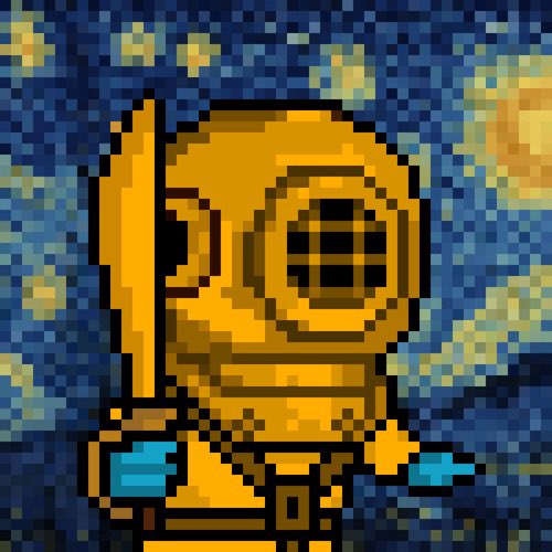 The user wants a concise caption for the image.
I need to identify the key visual elements:
- A pixel art character.
- The character is wearing a yellow diving helmet (classic "diver" look).
- The character is holding a sword (looks like a cutlass or similar blade) in its right hand.
- The background is a pixelated version of Van Gogh's "Starry Night" (blue swirls, yellow stars/moon).
- The style is 8-bit or pixel art.

The prompt asks to include key text, numbers, tickers, or names.
- There is no text *on* the image itself.
- The accompanying post says: "Gn homies Explorers are still on discount".
- The image relates to this by depicting an "Explorer" (the diver character) which likely corresponds to the "Explorers" mentioned in the discount text. The "Gn homies" part might refer to the general vibe