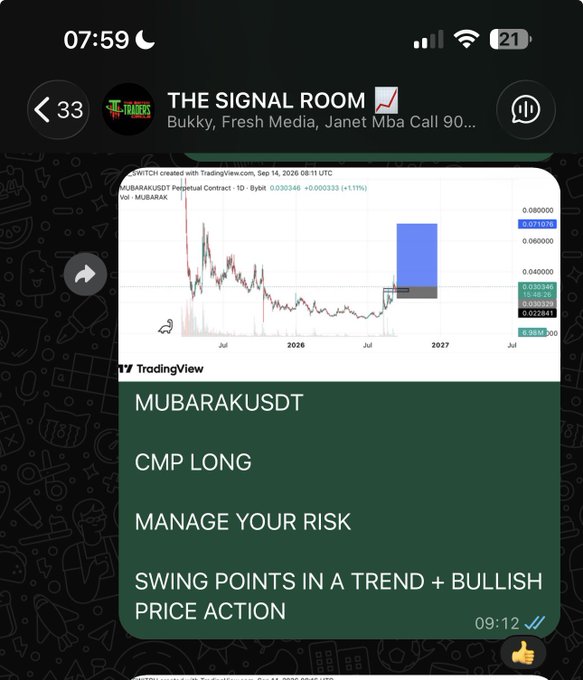 A mobile screenshot from 'THE SIGNAL ROOM' chat showing a TradingView chart for MUBARAKUSDT Perpetual Contract with text reading 'MUBARAKUSDT', 'CMP LONG', 'MANAGE YOUR RISK', and 'SWING POINTS IN A TREND + BULLISH PRICE ACTION'.
