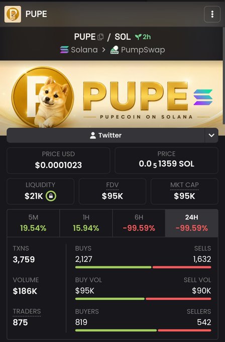 The image shows a cryptocurrency tracking dashboard for the token "PUPE" (Pupecoin) on the Solana network via PumpSwap, displaying a price of $0.0001023 with a market cap of $95K. The dashboard reveals concerning metrics including a 99.59% decline over both 6H and 24H timeframes, alongside $186K in trading volume across 3,759 transactions. The caption's optimistic "25k to 100k" claim about market cap growth appears disconnected from the data shown, as the token has actually experienced massive short-term losses despite reaching the $95K valuation referenced.