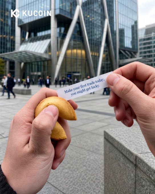 Two hands hold open a fortune cookie in front of a modern glass office building, revealing a slip that reads "Make your first trade today, you might get lucky," with the KuCoin logo in the top-left corner—visually reinforcing the campaign's message that trading luck and rewards await.