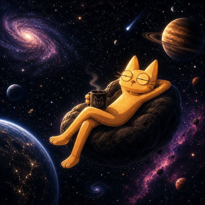 An illustrated orange cat wearing glasses relaxes on an asteroid in space, holding a steaming mug with a cat face design, surrounded by planets and galaxies.