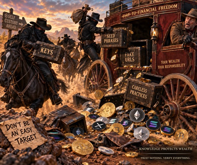 A Western-themed crypto illustration shows masked riders chasing a stagecoach labeled “Financial Freedom” while coins, Ethereum and Solana logos, and chests marked “Keys,” “Seed Phrases,” and “Careless Practices” spill from it. Additional text includes “Self custody ahead,” “Don’t be an easy target,” and “Knowledge protects wealth. Trust nothing. Verify everything.”