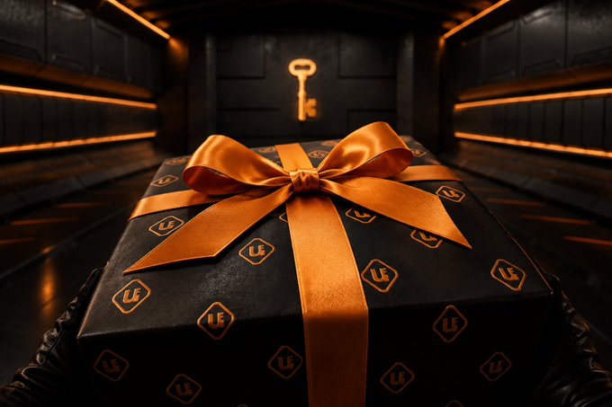 A 3D rendering of a black gift box decorated with orange 'LF' logos and tied with a large orange ribbon, sitting in a dark chamber with glowing orange accents and a key icon on the back wall.