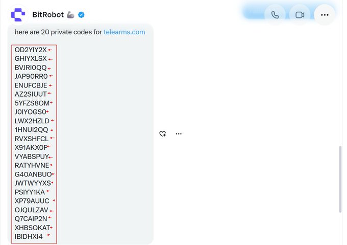 A BitRobot chat message displays a list of 20 alphanumeric private codes (such as "OD2YIY2X" and "GHlYXLSX") for telearms.com, related to the BitRobot rewards program.