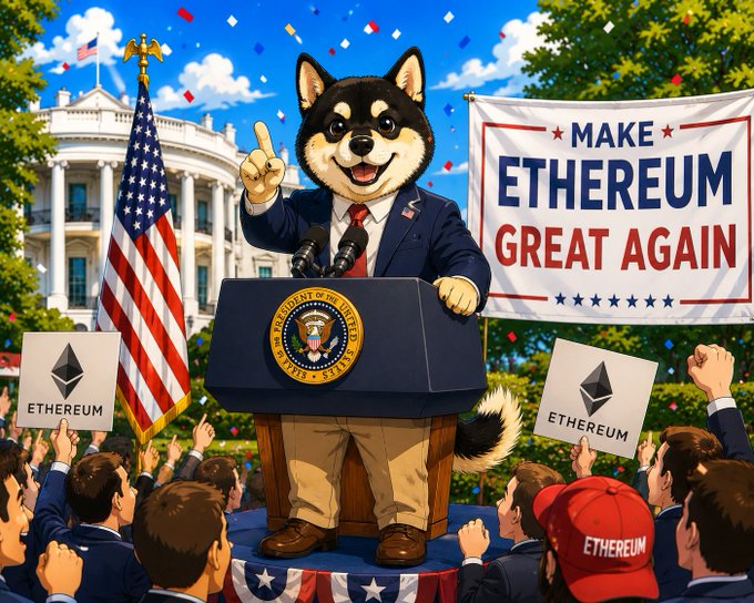 The image features a cartoon dog standing at a podium, giving a speech or addressing an audience. The dog appears to be wearing a suit and tie, suggesting that this might be a political event or campaign. In front of the dog on stage is a banner with the text "Make Ethereum Great Again". This suggests that the image is related to a political issue or campaign involving cryptocurrency, specifically etherium.