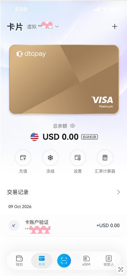 A screenshot of a digital banking app (Dtopay) showing a Visa Platinum virtual card with a USD 0.00 balance and a card account verification transaction on October 9, 2026.