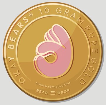 A digital rendering of a gold coin labeled "10 GRAM PURE GOLD" with "ONYX BEARS" inscribed around the edge and "BEAR DROP" at the bottom, featuring a pink bear-shaped design in the center.