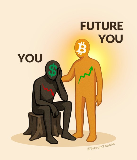 An illustration contrasting 'YOU' (a sad dark figure with a dollar sign) with 'FUTURE YOU' (a glowing golden figure with a Bitcoin symbol), credited to @BitcoinThanos.