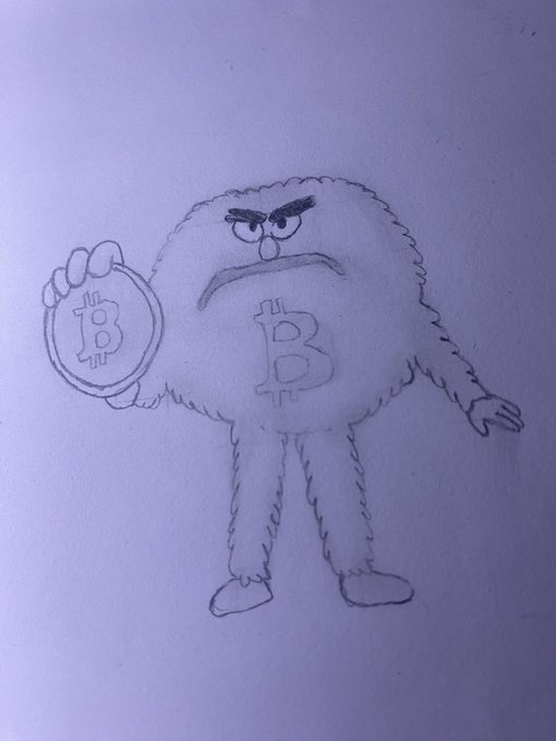 A pencil sketch of a furry monster character with an angry expression, holding a Bitcoin coin in its hand and displaying a Bitcoin 'B' symbol on its chest.