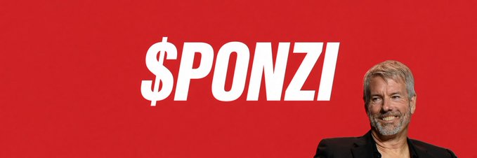 The image features a man with gray hair and a beard smiling, set against a bold red background with the stylized white text "$PONZI" prominently displayed. This visual aligns with the post's commentary, suggesting the man's image is being used to represent or mock a Ponzi scheme, likely in reference to crypto-related figure Michael Saylor, whose likeness is often paired with "ponzi" critiques in meme culture.