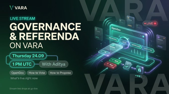 A promotional graphic for a VARA live stream titled "Governance & Referenda on Vara" hosted by Aditya on Thursday 24.09 at 1 PM UTC, featuring a futuristic neon illustration of the OpenGov voting process (Proposal → Vote → Approved/Executed) with "Yes/No" vote buttons and a locked icon, alongside tags for "How to Vote" and "How to Propose."