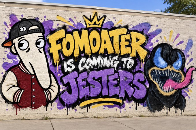 A vibrant graffiti mural on a wall announces "FOMOATER IS COMING TO JESTERS" in bold yellow and purple lettering, flanked by a cartoon character in a red varsity jacket and cap on the left and a menacing black monster with sharp teeth and a pink tongue on the right. The mural visually promotes the FOMOATER collaboration with Jesters, tying into the post's excitement about Jesters' growing community and ongoing partnership efforts.