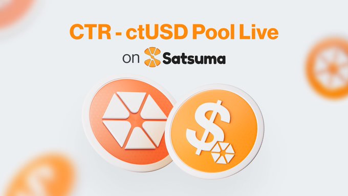 The image features a white background with two circles, one orange and one gray, positioned side by side. The text "CTR" and "ctUSD" are written above each circle, while the word "on" appears below them. Below these, there is a description of how to use the service provided by the company behind it: "CTR - ctUSD Pool Live on Satsuma".