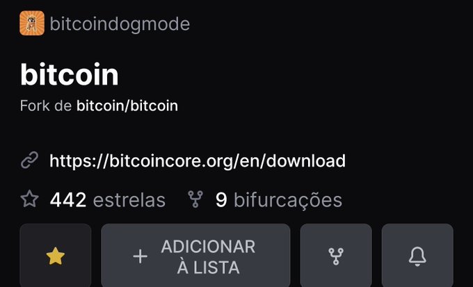 A GitHub repository page for "bitcoin" by user bitcoindogmode, showing it as a fork of bitcoin/bitcoin with 442 stars and 9 forks, illustrating the project's growing popularity as referenced in the accompanying post about $Dog mode reaching 442 stars on GitHub.