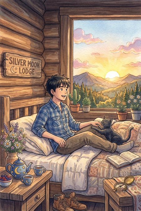 A young man relaxes on a bed at the "Silver Moon Lodge," petting a black cat while a scenic mountain sunset unfolds through the window—setting a cozy, "good morning" vibe perfect for a GM post.