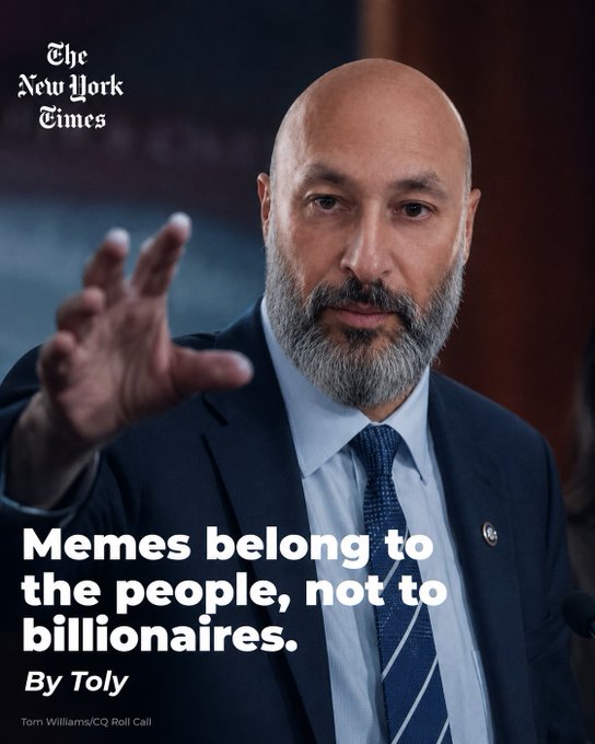 ers of The New York Times, including a man with a bald head and beard, wearing a suit and tie, and the text "Memes belong to the people, not to billionaires."