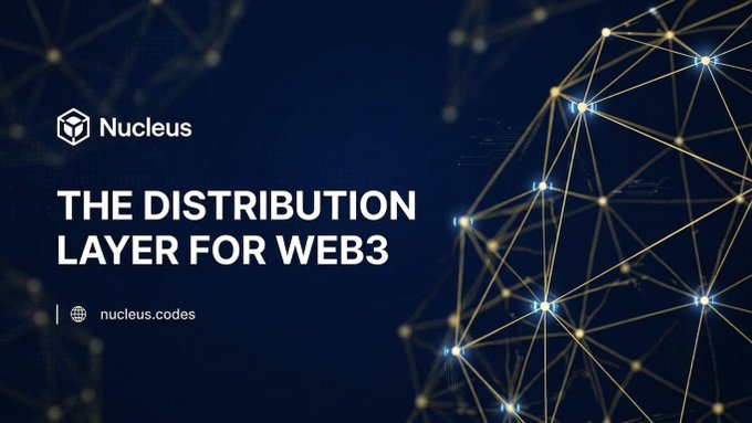 A dark blue promotional banner for Nucleus reads 'THE DISTRIBUTION LAYER FOR WEB3' alongside the URL nucleus.codes, with a network of glowing nodes on the right.