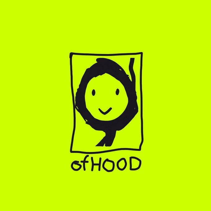 A simple hand-drawn doodle on a lime green background depicting a smiling hooded figure with the text "ofHOOD" beneath it.