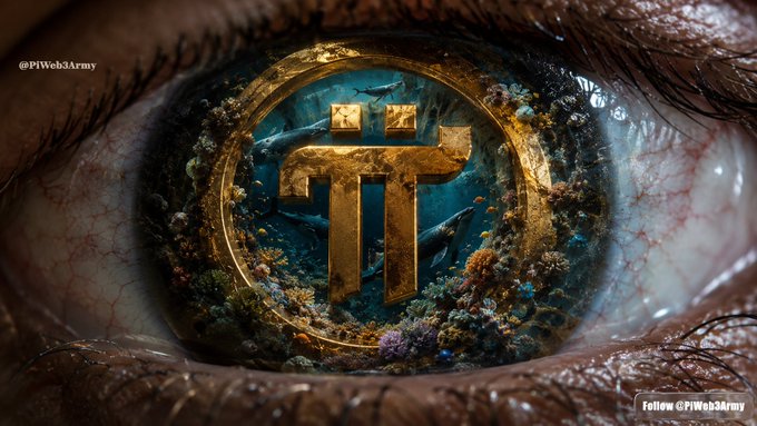 Digital art by @PIWeb3Army featuring a golden Pi Network symbol embedded within a human eye, surrounded by coral reef and underwater elements.