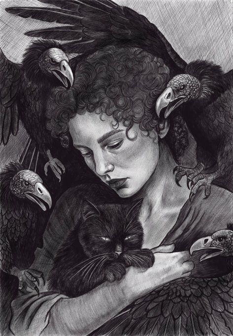 Detailed black-and-white pencil drawing of a person with curly hair looking down while holding a black cat, surrounded by several vultures or crows with sharp beaks.