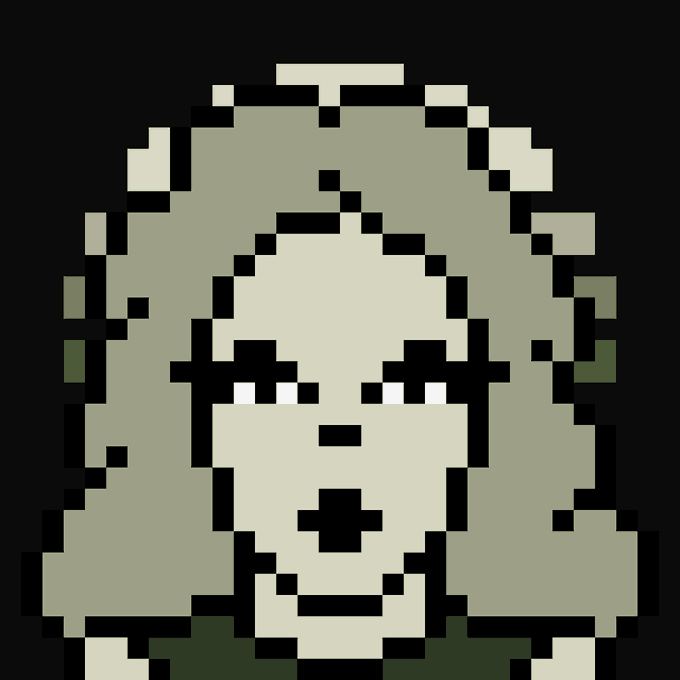 A pixel art portrait of a character with long hair and a sad or tired expression on a black background.